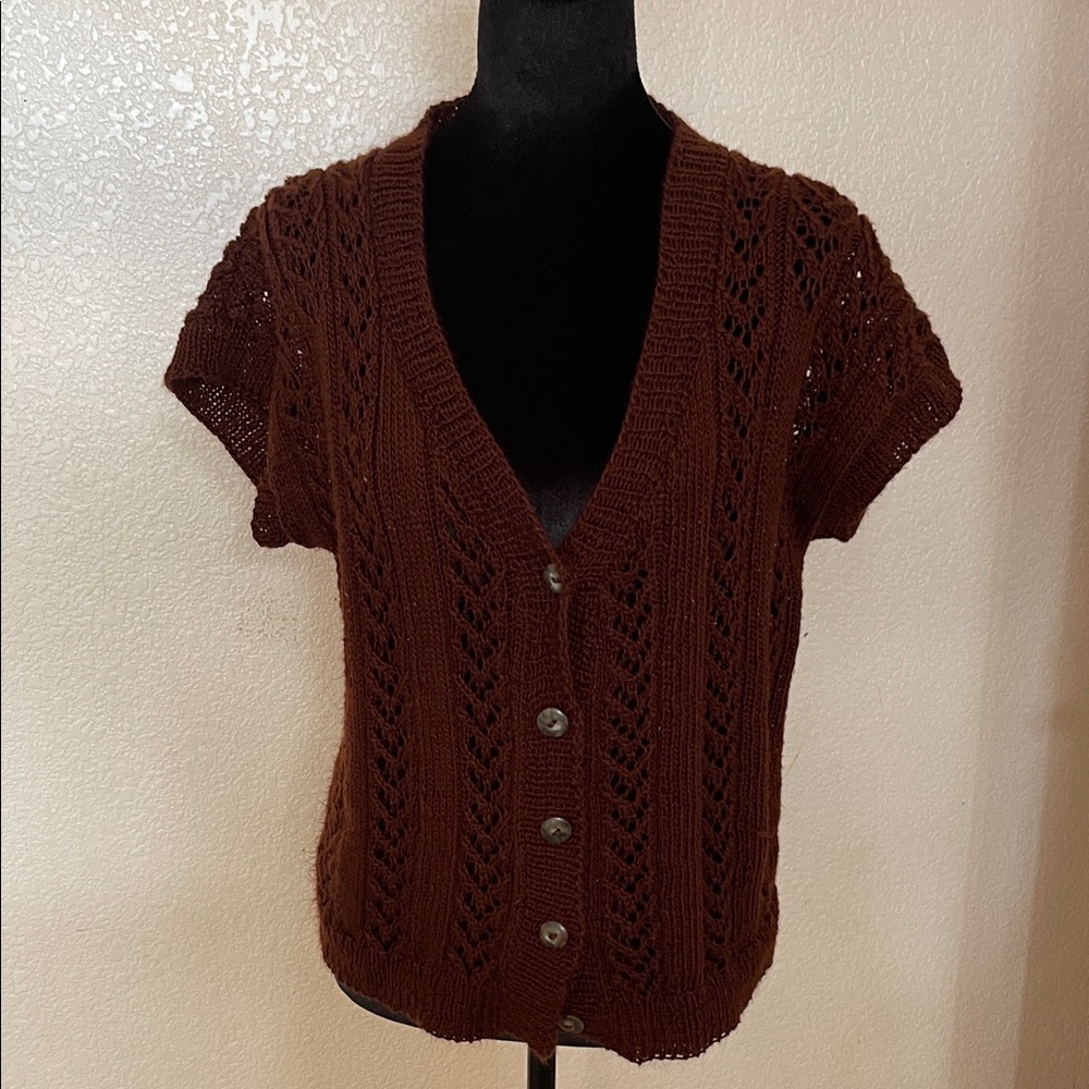Brown Short-Sleeve Openwork V-Neck Button Sweater